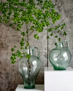 Bixuan Handmade Mouthblown Hammered Wavy Texture Natural Bubbles Jar Shape Green Glass Vase Table Decor Floor Vase, 44cm