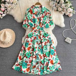 Nouvelle Robe Décontractée à Imprimé Floral pour Femme, Col Rabattu, Boutonnage Simple, Ceinture à la Taille, Coupe Trapèze Contrastante - Product Image 3
