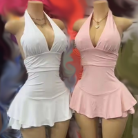 2025 Custom Logo Summer Sexy Women's Mini Dress Deep V-neck New Low-cut Halter Sleeveless Ruffled A-line Party Dress
