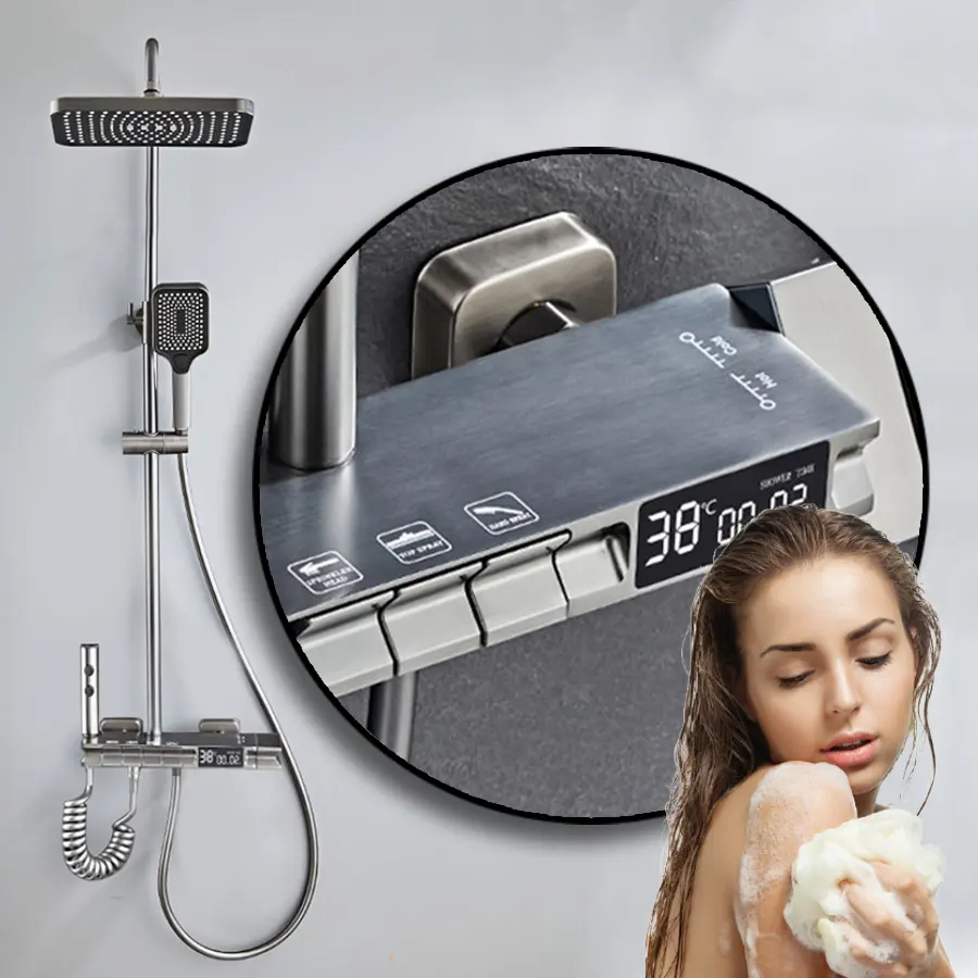 KAHNOS, ducha montada en la pared de latón, luz Digital, pantalla Digital de Piano, baño, grifo de ducha Led, Sistema mezclador de ducha de Piano