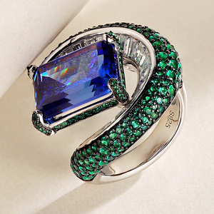 Anelli in argento sterling dal design interessante anello con gemma verde pavimentato squisito anello con intarsio di gemme blu quadrate di lusso - Product Image 4