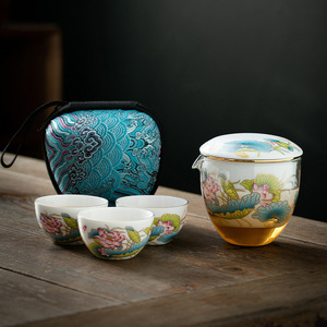 Juego de té Kung Fu de porcelana estilo chino con tetera de vidrio y tres tazas, portátil para viaje, diseño de loto, origen Dehua - Product Image 2