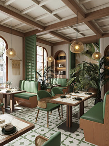 Fauteuil en bois massif avec dossier en rotin et canapé vertical en PU vert, table à manger sur piétement massif, mobilier de <span class=keywords><strong>café</strong></span> et restaurant - Product Image 5