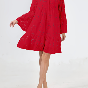 Robe décontractée mi-longue pour femme grande taille, rouge, à broderie anglaise, col en V, motif 3D, tricotée, coupe ample, manches cloche, ourlet à volants - Product Image 5