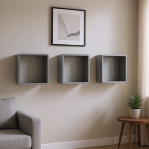 Juego de 3 estantes de pared cúbicos de MDF gris para exhibición y almacenamiento en el hogar u oficina, diseño flotante - Product Image 2