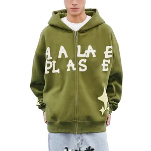 Oem Aangepaste Hoge Kwaliteit Groothandel 100% Katoen Bladerdeeg Afdrukken Zip Up Mannen Ontwerp Plus Size Unisex Hoodies