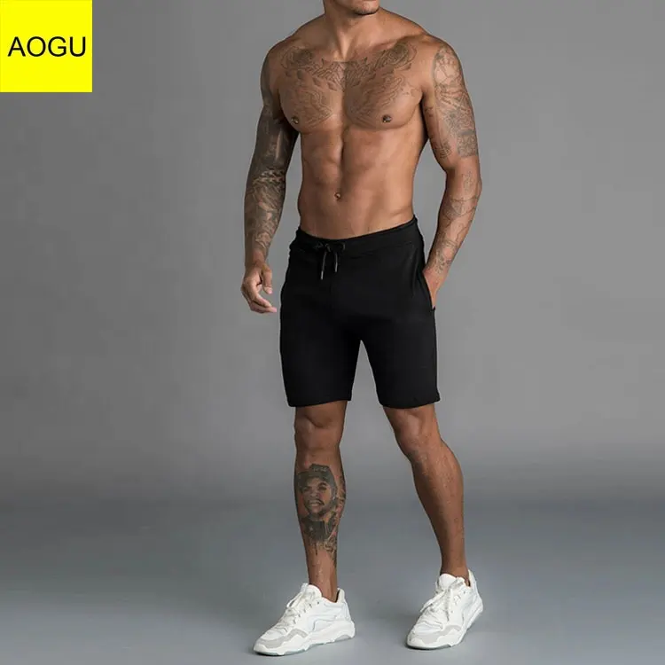 AOGU กางเกงกีฬาขาสั้นผู้ชาย,ผ้าฝ้ายสีดำสำหรับใส่ออกกำลังกายวิ่งออกกำลังกายเลือกโลโก้ได้ตามต้องการ