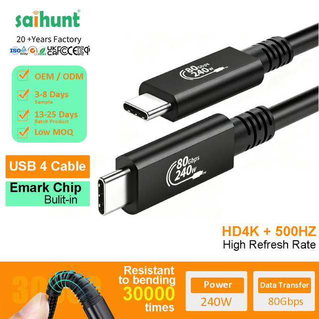 Saihunt Wholesale C to C C USB4 240W PD Fast Charging Cable 80Gbps Data Transfer Compatible with Thunderbolt 5 0.3M 0.5M 0.8M