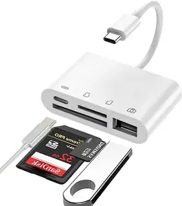 USB-C pembaca kartu SD 4 in 1 adaptor USB OTG kompatibel kartu SD/TF dengan Port pengisian daya pembaca kartu memori untuk kamera, ponsel