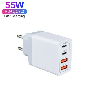 4端口55W 2 USB + 2 USB-C 20w电源适配器快速充电PD USB C型充电器，适用于苹果手机13 14 15专业版