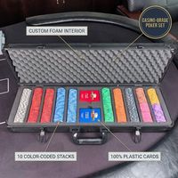 Ensemble de jetons de poker de luxe style EPT, 500 pièces, intérieur en mousse haute densité, 10 dénominations, cartes d'indexation géantes, fourniture officielle