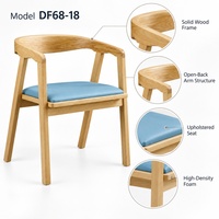 Chaise de salle à manger scandinave en bois massif avec coussin en cuir PU bleu et accoudoirs, chaise de restaurant et de café
