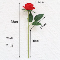 Rose artificielle en soie velours à tige courte de 28 cm, tête de fleur de 6 cm, rose cascade à tige unique et feuille unique pour accessoires de photographie de mariage