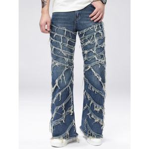 Retro High Street Dark Blue Non-Stretch Loose Trendy Flared <b>Jeans</b> Men's Straight Leg Fleece-<b>Lined</b> Denim Pants - Product Image 2