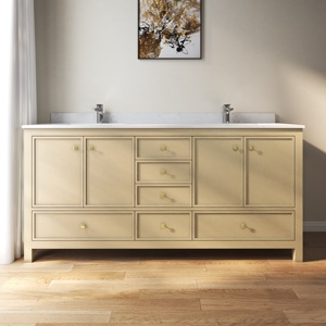 Mueble de Baño Moderno Estilo Casa de Campo con Doble Lavabo y Doble Grifo, Acabado en Melamina con Aspecto de Madera, Independiente con Almacenamiento para Inodoro - Product Image 1