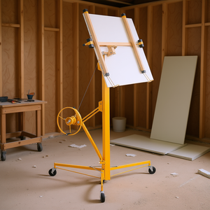 Elevador de paneles de yeso amarillo de 16 pies con capacidad de 150 lb, brazo telescópico ajustable y ruedas bloqueables, herramienta de elevación para paneles de construcción - Product Image 2