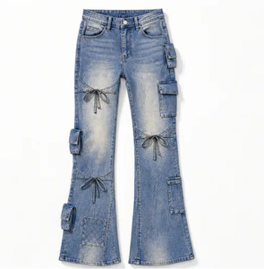 Jean cargo évasé multi-poches pour femme Wangsheng, coupe droite, délavage clair, Spandex/Coton, style Y2K, streetwear décontracté, vintage WS-ZL-01-094 - Product Image 1