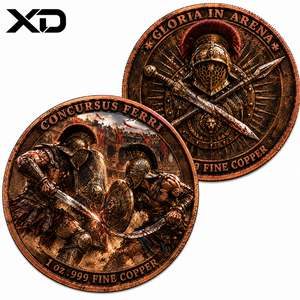 Rilievo 3D in Rame .999 da 1 Oz con Due Gladiatori Romani che si Incontrano con Spada su Scudo Davanti a un Muro di Fortezza, Oggetto da Collezione Antico, Decorazione, Regalo - Product Image 1