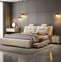 Lit double en bois réglable au design luxueux avec revêtement en cuir, cadre de lit plateforme moderne avec rangement, taille Queen