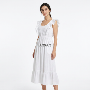 Robe midi en coton blanc à manches volantées, col rond, taille élastique, robe d'été décontractée - Product Image 1