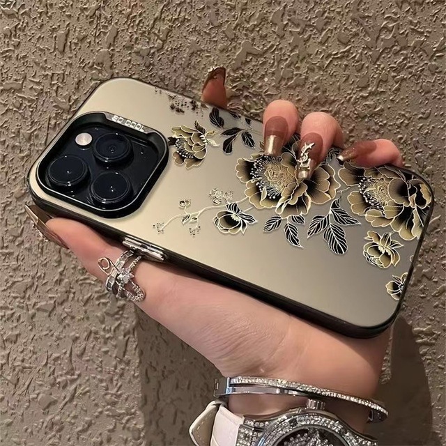 Luxury Gold Flower Printing Electroplated Silver Key TPU PC Mobile Phone Cover Case for Iphone 11 12 13 14 15 16 17 18 Pro Max