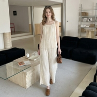 Nouvel ensemble plissé fait main Miyake 2026 – Tunique et T-shirt décontractés 2 pièces couleur unie longueur cheville – Robe d'été chic pour les vacances