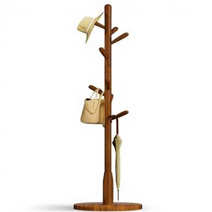 Perchero de pie de madera maciza con base redonda y 8 ganchos para abrigos, sombreros, bolsos y carteras, ideal para recibidores y pasillos. - Product Image 1