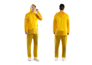 تصميم الأزياء مصنع في الأسهم <span class=keywords><strong>PVC</strong></span> راينسويت الأصفر اللون للماء معطف واقي من المطر مع قبعة - Product Image 4