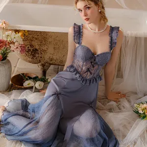 Venta al por mayor de ropa de dormir de verano para mujer, lencería sexy, camisones con volantes de encaje, vestido largo, conjunto de bata, algodón transpirable - Product Image 5