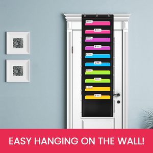 Organisateur de dossiers suspendus à 10 poches, rangement mural noir pour bureau et maison avec 3 supports en acier inoxydable - Product Image 6