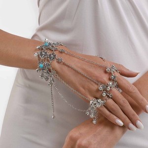 <span class=keywords><strong>Bracelet</strong></span> Bague Gothique Vintage en Métal Connecté, Bijou de Main et de Doigt, Fleur Creuse, Chaîne Turquoise Attachée - Product Image 4
