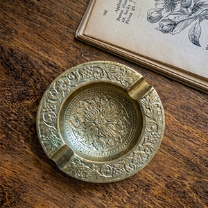 Vintage Brass Round Desktop <b>Ashtray</b> with Embossed Floral Design for Home Decor - Product Image 1