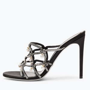 Sandalias de tacón alto y fino para mujer, con tiras cruzadas de diamantes, zapatos de verano con pedrería completa, mules de tacón de aguja con perlas. - Product Image 1