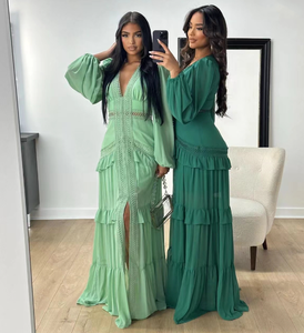 6 Couleurs V-NECK <span class=keywords><strong>Crochet</strong></span> Dentelle Femmes Robe À Manches Longues Maxi Robe À Volants Ourlet Femmes Vêtements - Product Image 1