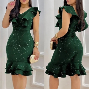 Yazlık Kadın V Yaka Günlük Elbise Pul Payetli Zarif Elbise Fırfırlı Kollu Kalça Sarmalı Seksi Parti Elbisesi - Product Image 3