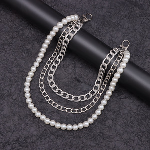 Cadena de cintura de perlas de doble capa de metal, cadena de perlas de imitación plateadas y blancas, cadena corporal informal de moda, accesorio retro moderno de estilo hip hop - Product Image 4