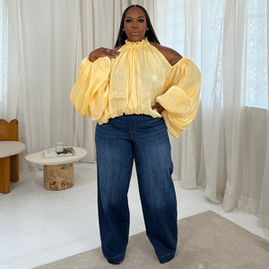 N8147 para Otoño 2025, Top de Mujer con Tirantes Cruzados en la Espalda, Holgado, de Organza de Poliéster, Hombros Descubiertos, Color Sólido, Estilo <span class=keywords><strong>Milf</strong></span>, con Costuras Decorativas - Product Image 2