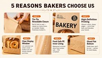 Sac en papier kraft à fenêtre avec fermeture à lien, fond plat, doublure PE de qualité alimentaire, 4 tailles, impression personnalisée OEM, emballage pour boulangerie, pain, café