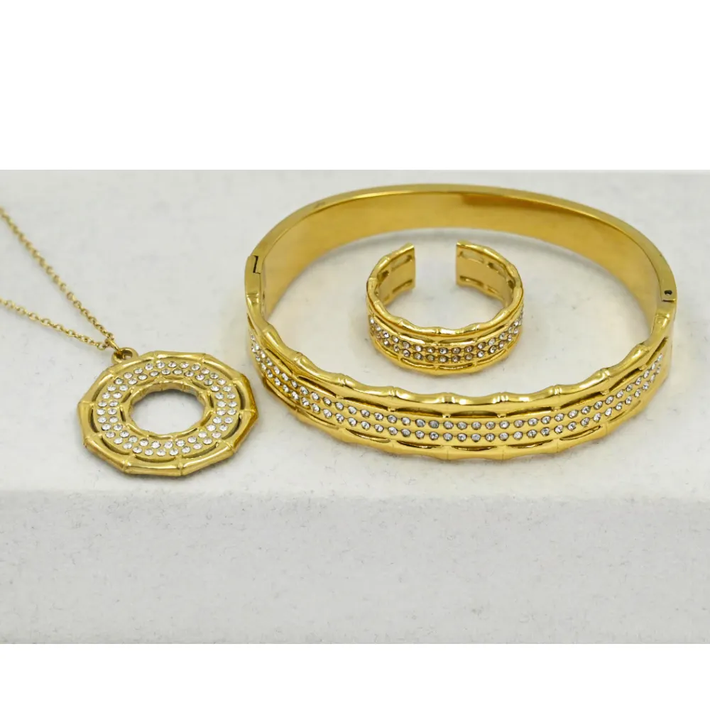 New Fashion Stainless Steel Zircon Dot Diamond Bamboo Hollow Round Pendant Necklace Bracelet Ring Jewelry Set Women Men