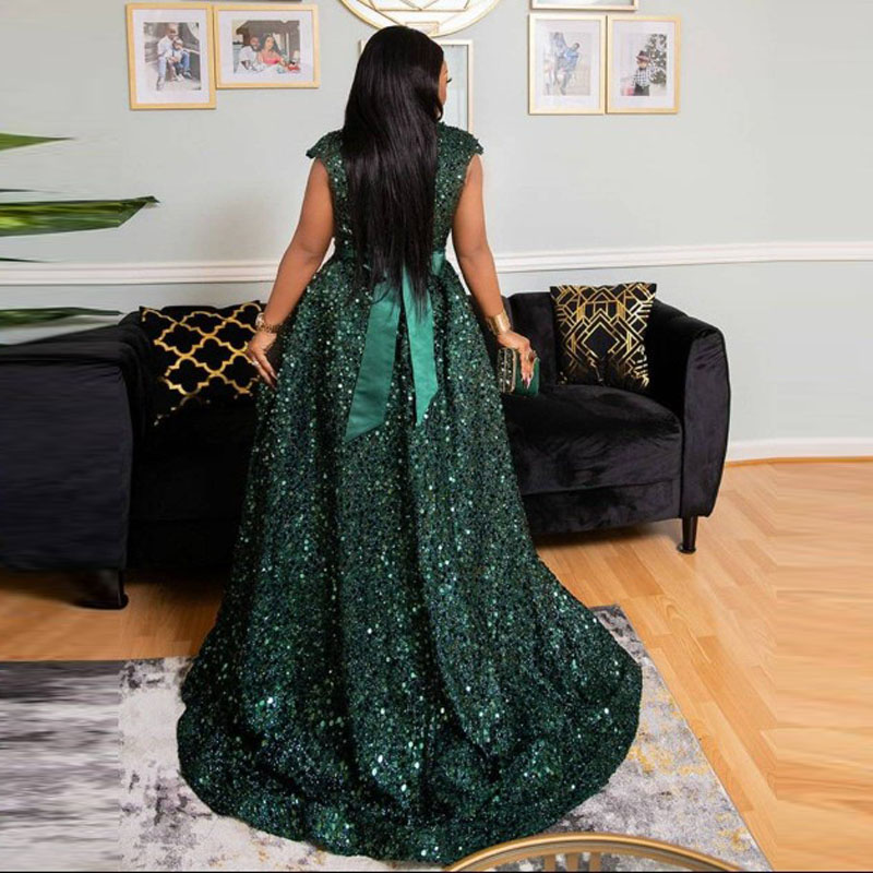EV040 Green Sequined Mermaid Evening Dresses with Detachable Train