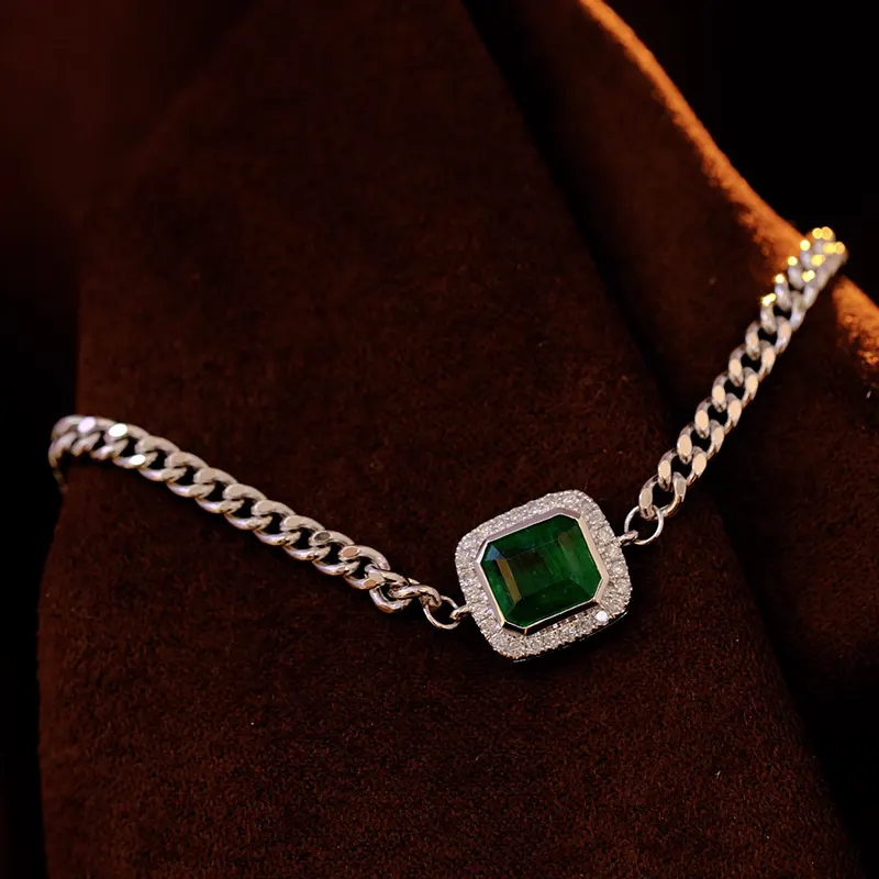 Jewelry Customization 18K Solid Gold Natural Emerald Cuban Link Bracelet Diamond Cuban Link Bracelet For Women