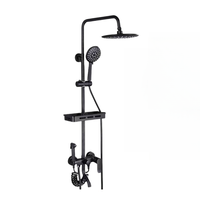 Colonne de douche économique noire mate avec pommeau de douche effet pluie, ensemble de douche moderne en laiton à quatre fonctions avec rangement