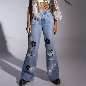 Jeans personnalisés pour femmes à jambes larges, mode taille basse, patchwork, jeans déchirés pour petit ami, vente en gros de pantalons baggy décontractés pour femmes - Product Image 5