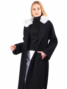 Abrigo Largo de Cachemira 100% con Ribete de Piel de <span class=keywords><strong>Chinchilla</strong></span> <span class=keywords><strong>Negra</strong></span>, Mangas Largas y Transpirables, con Cuello y Puños de Piel de <span class=keywords><strong>Chinchilla</strong></span> - Product Image 1