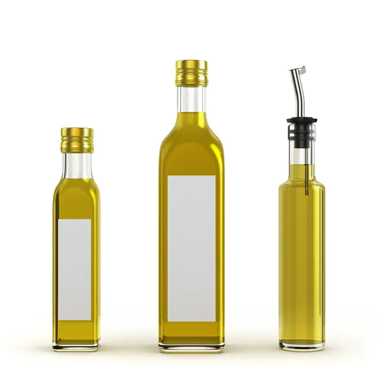 Azeite de azeite quadrado em garrafas de vidro, garrafa transparente de óleo para embalagem de azeite com tampa de alumínio