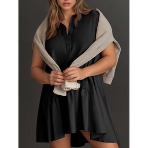 Robe courte d'été pour femmes, manches courtes, col en V, décontractée, surdimensionnée, patchwork, tissu respirant, tissé, pour tous les jours - Product Image 6