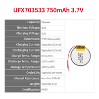 Batterie Li-ion polymère Lipo rechargeable 3,7 V 750 mAh en forme personnalisée UFX 703533 pour dispositifs médicaux portables