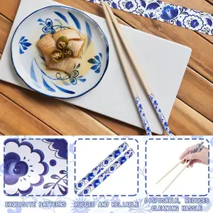 桜の箸バルク箸スリーブ付き青い花使い捨て竹箸