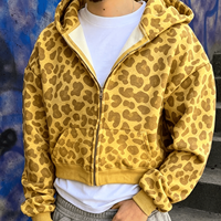 Produsen Pakaian Ouna, Hoodie Custom Streetwear Pria Bahan Katun Tebal Ukuran Besar, Hoodie Zip Up Motif Leopard Unisex