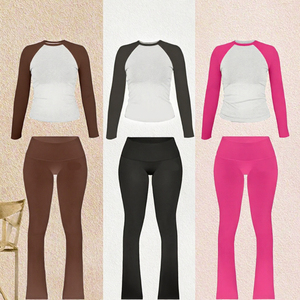 Conjunto de dos piezas de algodón personalizado para mujer: Top de manga larga y pantalón, estilo casual, bordado, tipo baby tee, ajustado y acanalado. - Product Image 2